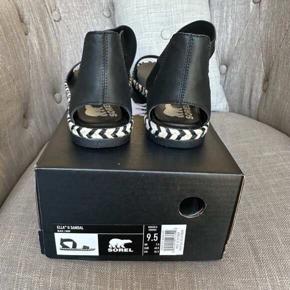 Sorel Sandals Womens 9.5 Black White ELLA II Ankle Strap Leather Shoes NIB - Picture 6 of 7